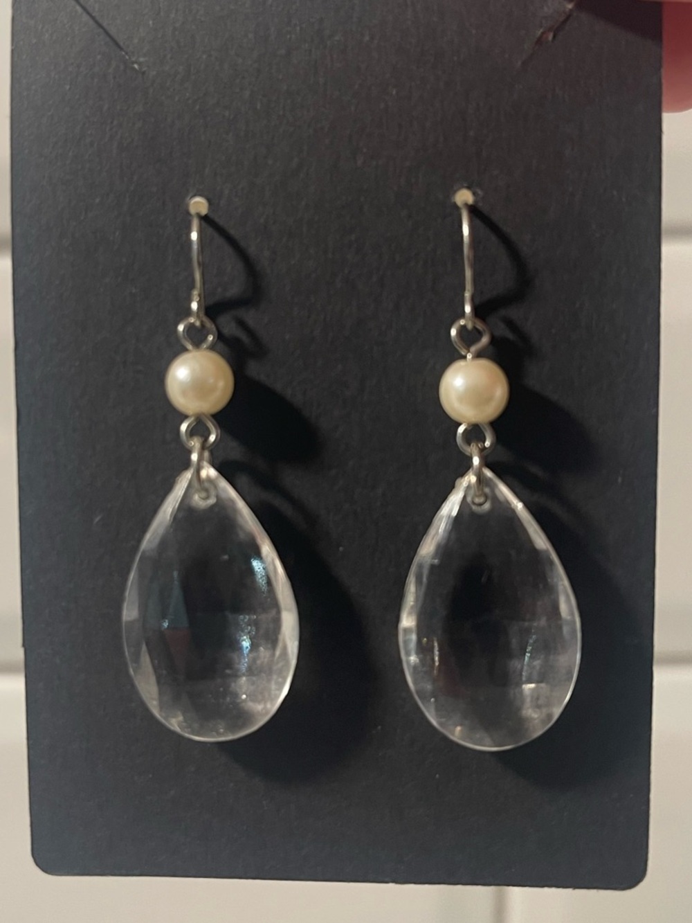Pearl Accent Clear Teardrop Drop Earrings - Women Jewelry